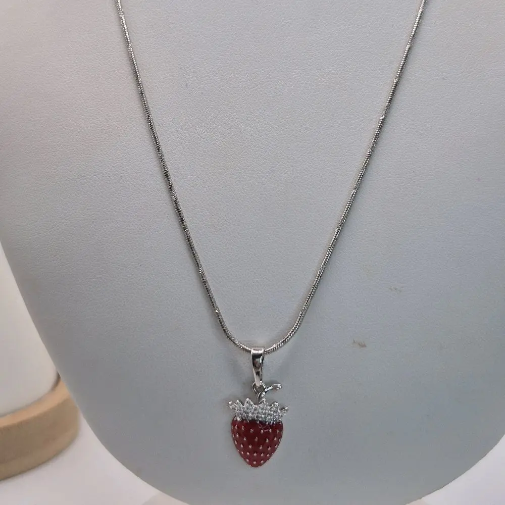 silver strawberry pendant with chain plated gold