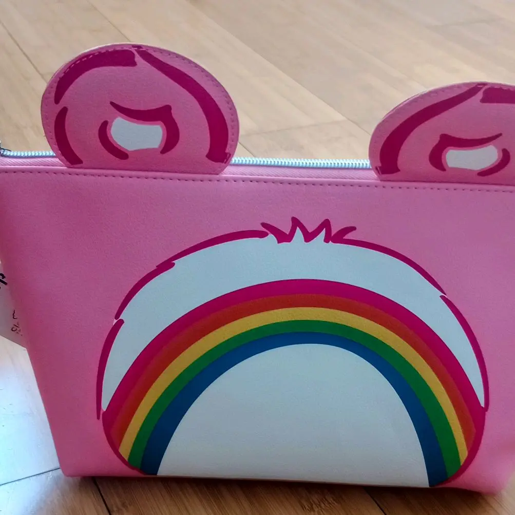 Hand Bags with Rainbow Design - Pink Color Handbag Featuring a Colorful Rainbow Graphic