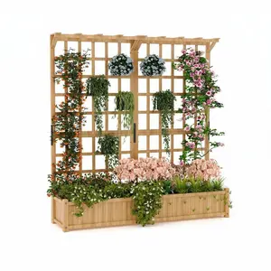 Wooden Elevated Planter Box with Trellis & Roof, Raised Garden Bed with 8 Drainage Holes, Outdoor Wooden Plant Container for Climbing Plants, Flowers and Vegetables, Yellow