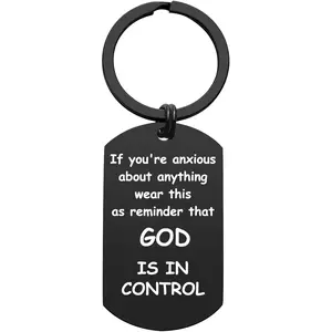 Saint Jesus Keychain God Is in Control Religious Gift for Men and Women Black Tag Design with Motivational Message Perfect for Christmas Birthday Baptism or Confirmation