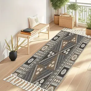 Bohemian Fringe Geometric Pattern Cotton Linen Long Mat, Ultra-Thin Vintage Non-Slip Absorbent Foot Pad, Living Room/corridor Easy Clean Rug