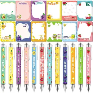 24 count Funny Positive Fruit Sticky Notes with Pens Christmas Cute Notepad Memo Notes Pads Black Ink Pen Bulk Gifts for Coworkers Employee Teacher Office Supplies