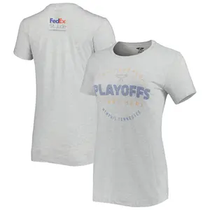 FedExCup Playoffs Women’s Golf T-Shirt, Start Here Front Print with Memphis Tennessee Lettering, FedEx St. Jude Championship Back Logo, Light Heather Gray Soft Cotton Blend Shirt, Tournament Apparel for Female Golf Fans, Gift for PGA Lovers