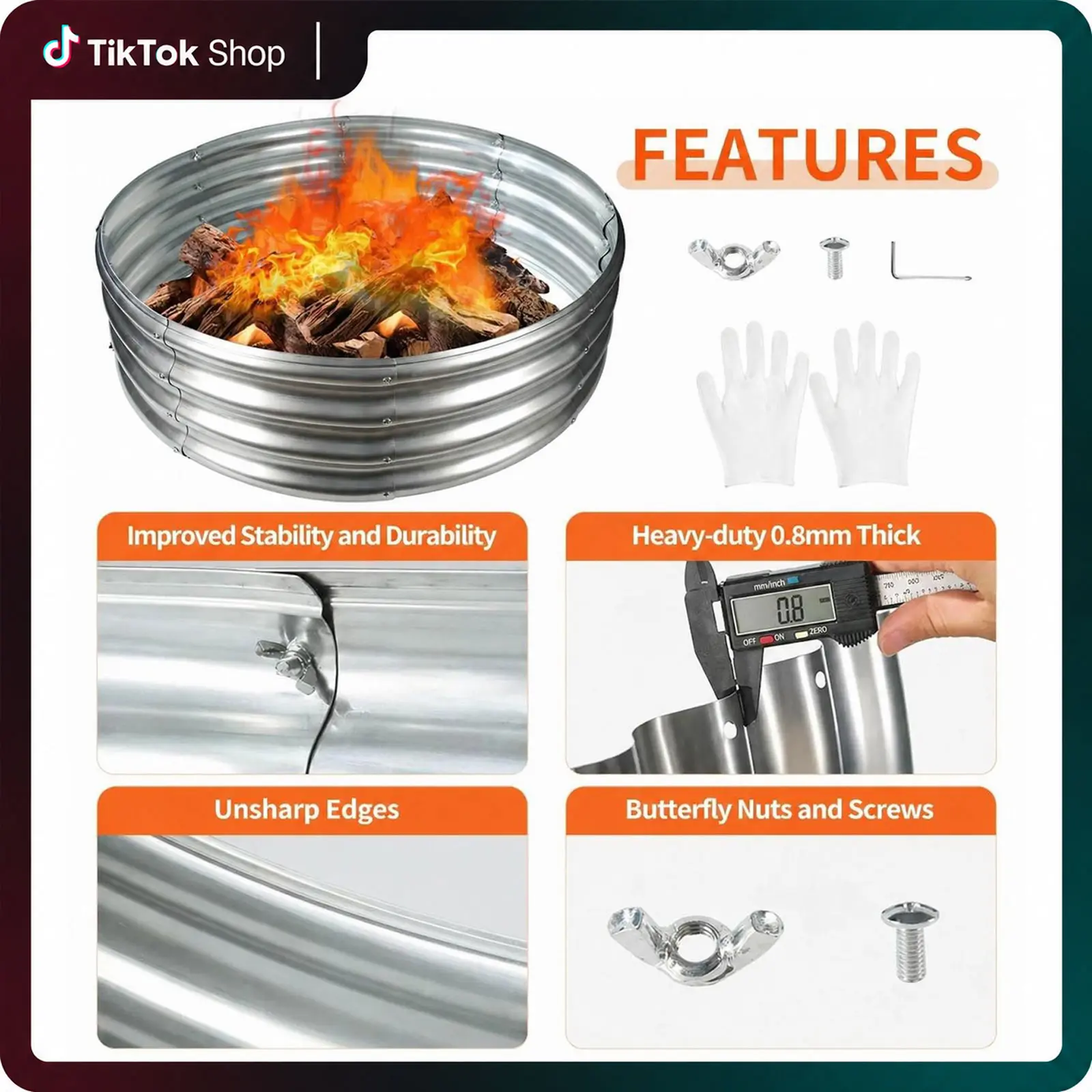 3/4/5 FT Diameter Camp Fire Ring Pit, Large Round Galvanized Steel Fire Pit, Heavy Duty Silver Steel Fire Pit for Backyard, Camping, Bonfire Patio Fire Pit Fire Pit Set