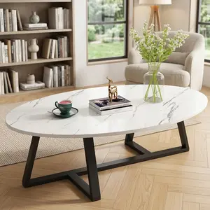 Oval Faux Marble Coffee Table, MDF Tabletop with Black Metal Y-Shaped Support Legs, Waterproof Scratch Resistant Modern Center Tea Table with Rounded Corners, Multi-use Accent Table for Living Room Balcony Small Spaces