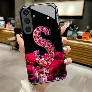 Diamond - letter S pattern suitable for Samsung Galaxy S25 S25edge S25FE S25Plus S25ULTRA 5G Pretty Protective Phone Case,Black Frame Glass Phone Case Cover Individual Design,Is Suitable for Every Holiday Gift