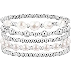 Gold Silver Beaded Bracelets Pack For Women, Adjustable Stretch Pearl Bead Ball Bracelet Stack Set Jewelry Small Gifts For Teen