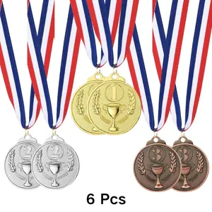 6pcs/9pcs School Sports Awards Medals, Zinc Alloy, Electroplated, Durable, Blue, Polyester Lanyard, Ideal for Ceremonies