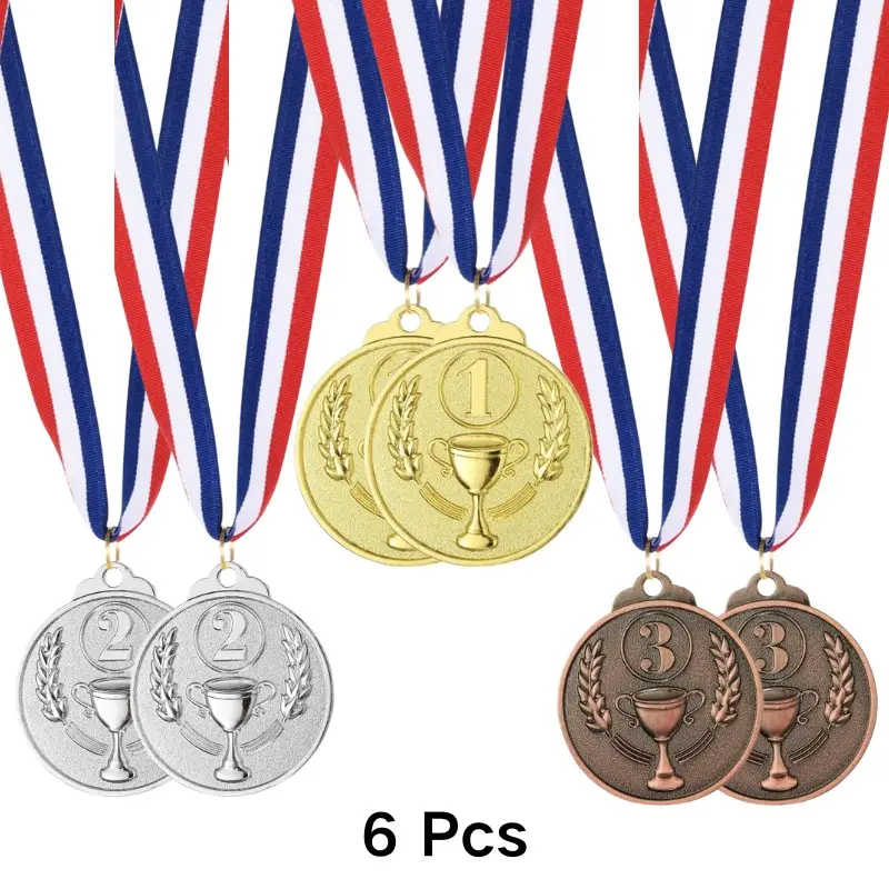 6pcs/9pcs School Sports Awards Medals, Zinc Alloy, Electroplated, Durable, Blue, Polyester Lanyard, Ideal for Ceremonies