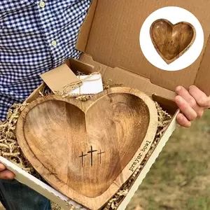 Wooden Prayer Bowl with Cards Heart Design Engraved Cross Religious Christian Gifts for Women Men Faith Based Home Decor Meditation Congregation Gift Log Color Ornaments, Vintage ,Christmas Gifts