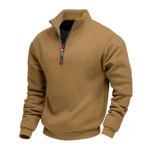 Men's American Heavyweight Polyester Knitted Add-Velvet Plush Sweatshirt, Menswear, Loose Fit, Skin-Friendly, Warm, Mock Neck, Long Sleeve, Half-Zip, Multi-Size, Solid Color Fashion Sports Casual Fabric Tops