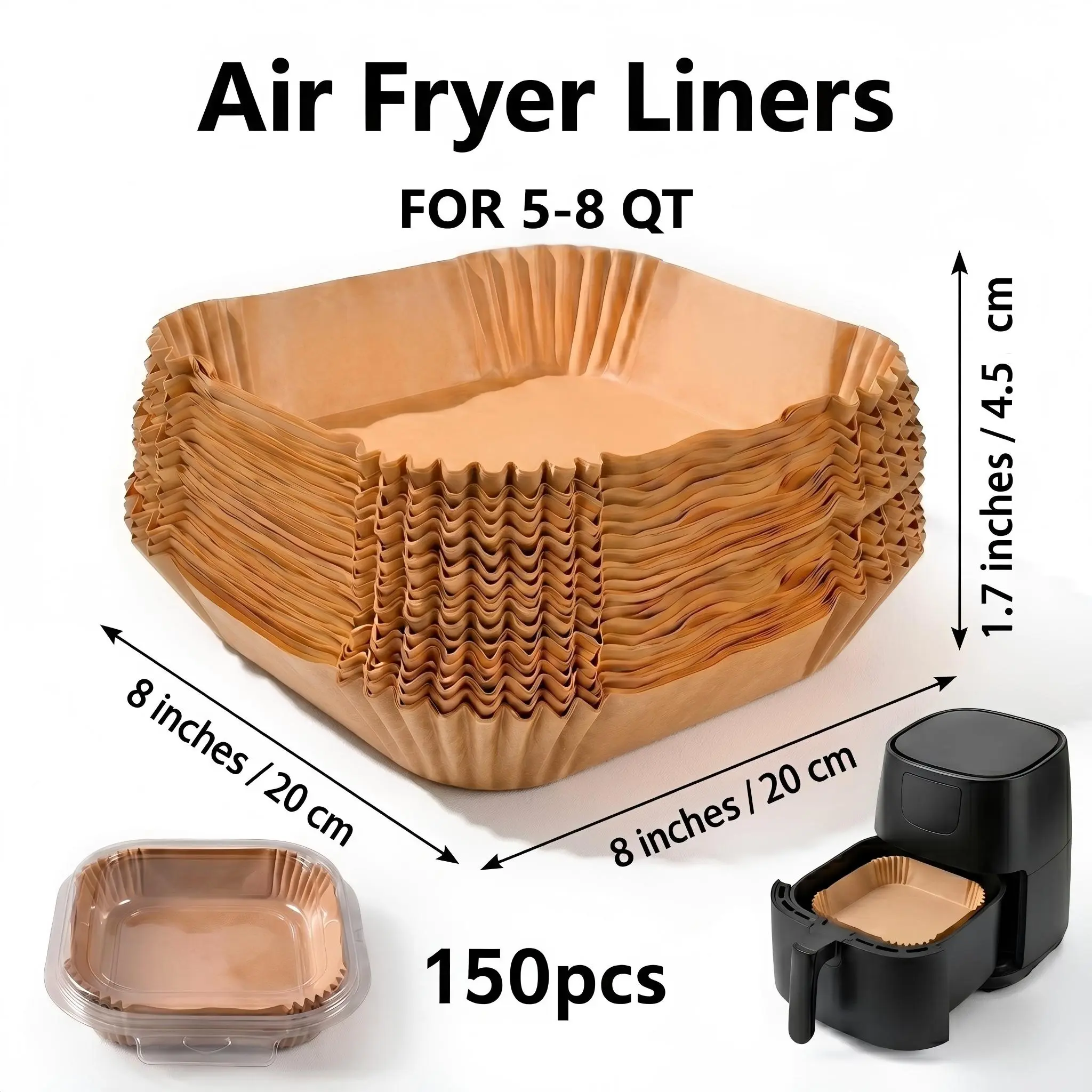 150pcs nonstick square air fryer paper liners, 8 inches; thick double-sided silicone oil liner paper for single-use baking, suitable for 5–8 quart air fryers; baking supplies, kitchen supplies, cookware; food tray (8*8 inches / 20*20 cm); baking tools