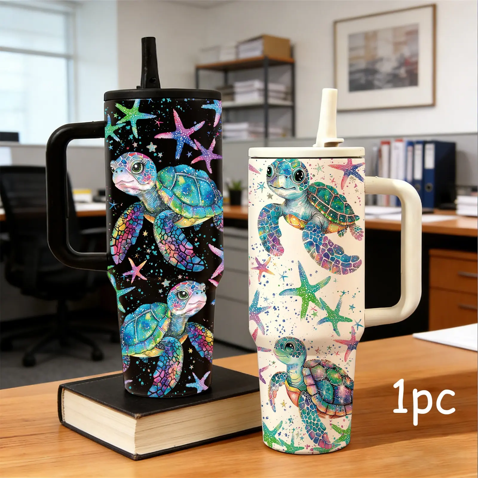 1 Pc 40oz sea turtle starfish insulated mug, Insulated Tumbler Mug, ocean print with seashell, tropical beach vacation style, handle and straw, double wall, leak-proof, keeps hot 12 hours and cold 24 hours, holiday gift, office gym travel daily use