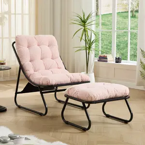 Outdoor Lounge Chair with Ottoman, Oversized Papasan Chair with Footrest, Comfortable Cushioned Lounge Chair for Indoor & Outdoor, 400 LBS Heavy-Duty Reading Chair with Cushion (Pink)