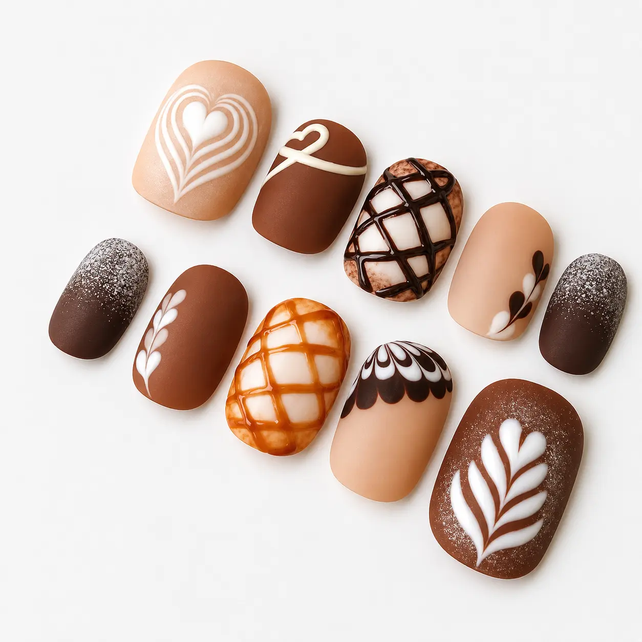 Handmade Mocha Latte Press On Nails | 3D Coffee Art | Chocolate Brown French Tips | Reusable Glossy Gel Fake Nails | Fall Autumn Nail Set | Cute Acrylic Nails| FREE Adhesive Tabs FREE Nail File FREE Cuticle Stick