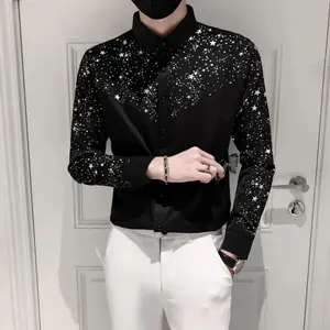 Men's Long-Sleeve Slim-Fit Big-Size Dress Shirt with Elegant Star Sequin Patchwork - Stylish Top for Social Occasions