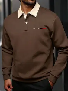 Men's Fall Winter Classic Polo Neck Half Button Sweatshirt, Casual Outdoor Pullover, Letter Print Design, Fitted Style, Plain Fabric