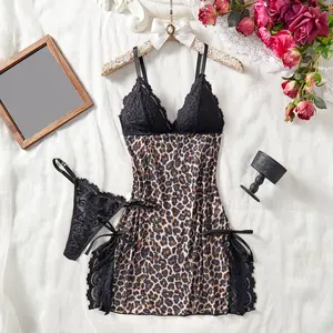 AgeRose Women's 2 Piece Leopard Print Sleepwear Set, Lace Embroidery Slim Fit Sleeveless Side Slit, All Season Versatile Home Loungewear
