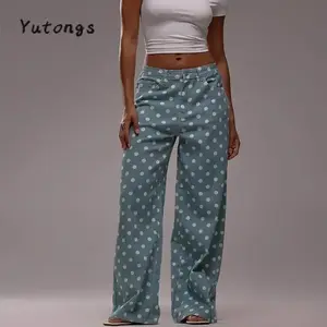 Women's Jeans with Pockets Stylish Dot Print Mid Rise Casual Wide Leg Denim Pants