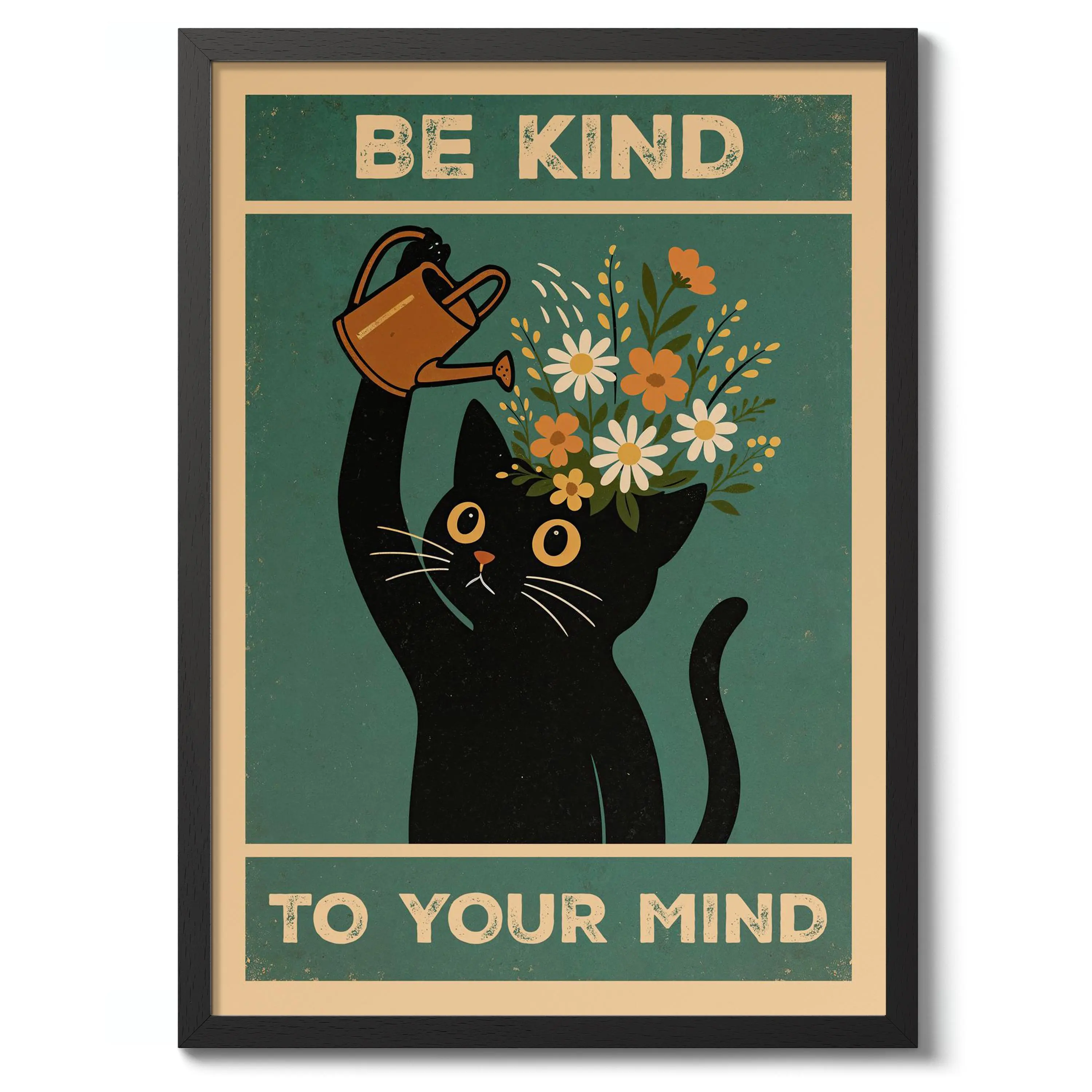 Inspirational Black Cat Poster, Be Kind to Your Mind Wall Art Print, Floral Cat Illustration Decor, Positive Mental Wellness Artwork, Cute Botanical Cat Poster, Vintage Typography Home Decor, Office Bedroom Bathroom Wall Art, Unframed Gift