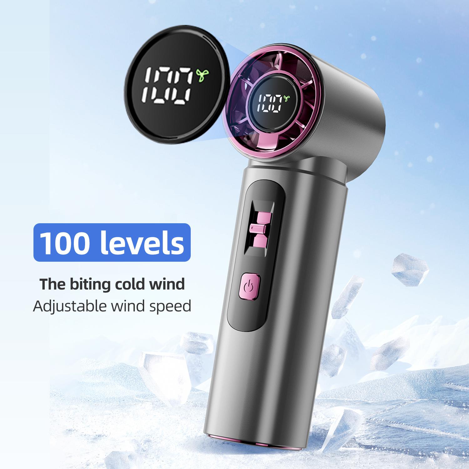 Mini handheld fan—portable and practical—featuring 100 speeds and powerful airflow. It features a digital LED display, Type-C charging, and a long-lasting battery. Ideal for outdoor use, work, and travel. Usb Protection