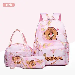 3pc Cracked Design Junior Backpack Set, Cute Cartoon Capybara Theme, Multiple Colors, Durable Material, Computer Compartment, Lunch Bag & Pencil Case