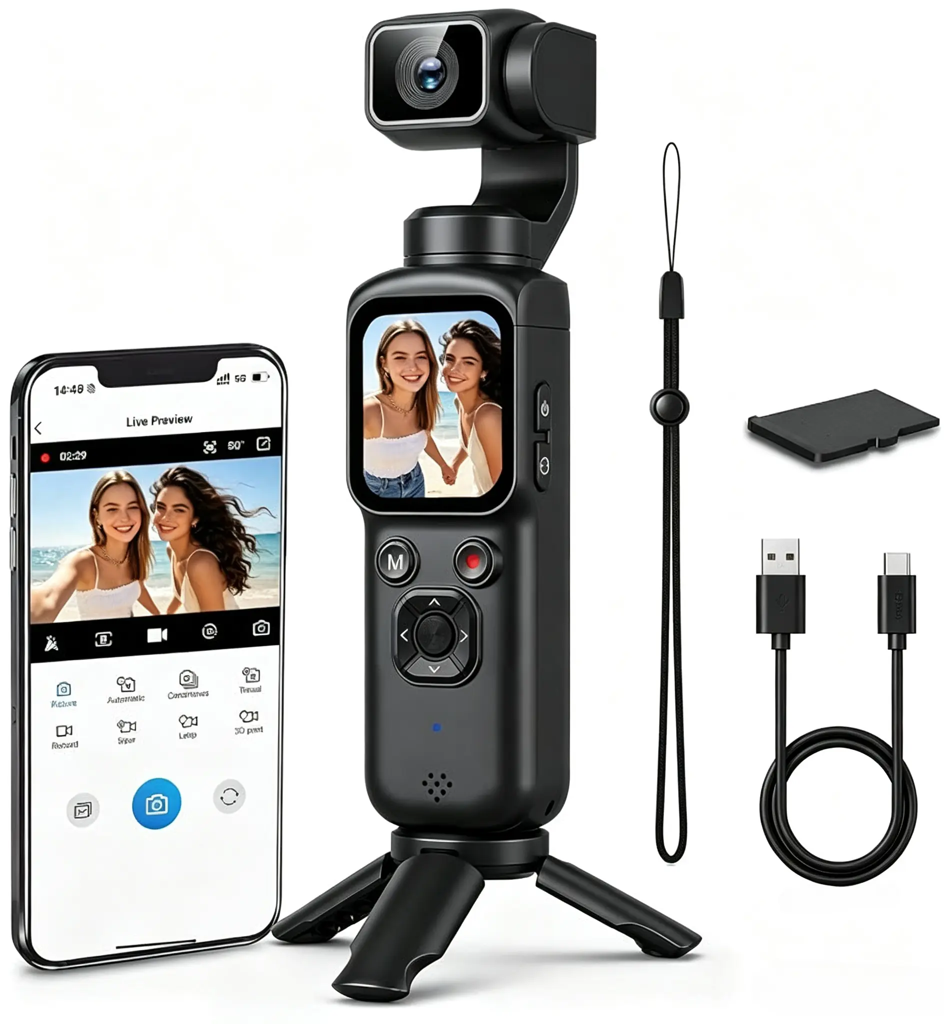 MUOXUEQN 4K Hybrid Vlogging Camera - 64MP Handheld Pocket Video Recorder with 330° Rotating Lens, Touchscreen, 4x Digital Zoom, AF Auto Focus, Burst Mode, MP4 File Support, Face Tracking, Tripod & 128GB Card