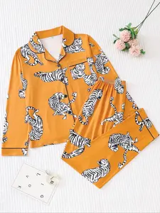 Women's Tiger Print Pajama Set, Casual Long Sleeve Button-Up Top & Elastic Pants, Comfortable Fall Winter Sleepwear, All Seasons