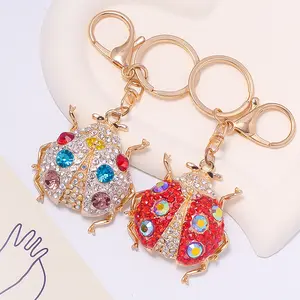2PCS Creative Beetle Keychains Coccinella Septempunctata Ladybug Metal Rhinestone Key Ring Backpack Pendant