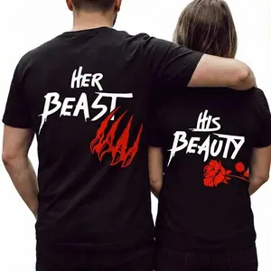 YD.S Print Cotton T-Shirt Her Beast His Beauty Couple T-shirt, Matching Outfits For Couples, Valentine Day Gifts, Couple Gifts, Anniversary Shirts, Trending Couple TEE