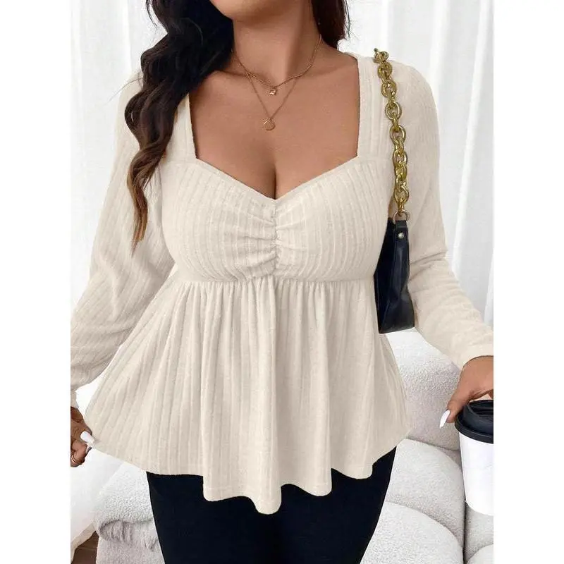 【Plus Size 】Ribbed Knit Square Neck Long Sleeve Peplum Top, Casual Loose-Fitting Design ldeal for Ages 25 to 54, Comfortable Knitting Fabric for Fall & Winter