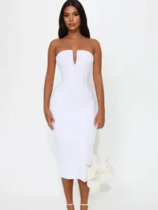 Sleek Temptation Bandage Midi Dress White Strapless Bodycon Style with Deep V Neckline Plain Design Casual Fit