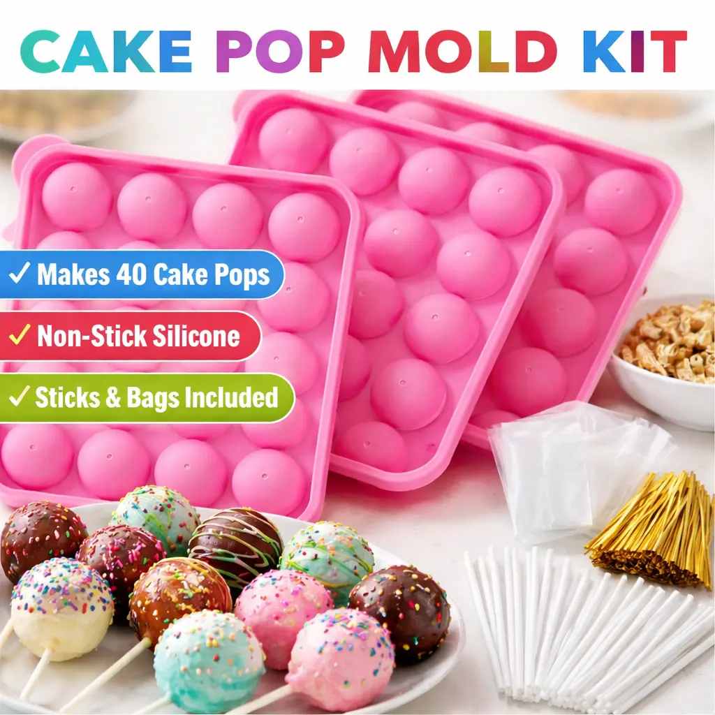 Silicone Cake Pop Mold Set – 2-Pack Lollipop Molds Kit with 40 Cake Pop Sticks, 100 Candy Bags, and 100 Gold Twist Ties – Non-Stick Baking Molds for Chocolate Lollipops, Candy, and Cake Pops – Perfect for DIY Gifts, Parties, and Dessert Making