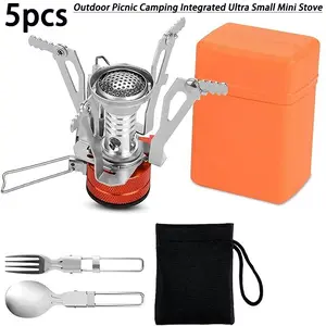 Outdoor Picnic Camping 5pcs Ultra Small Mini Stove with Electronic Ignition Portable Cookware Set Compact Foldable Design for Butane Fuel