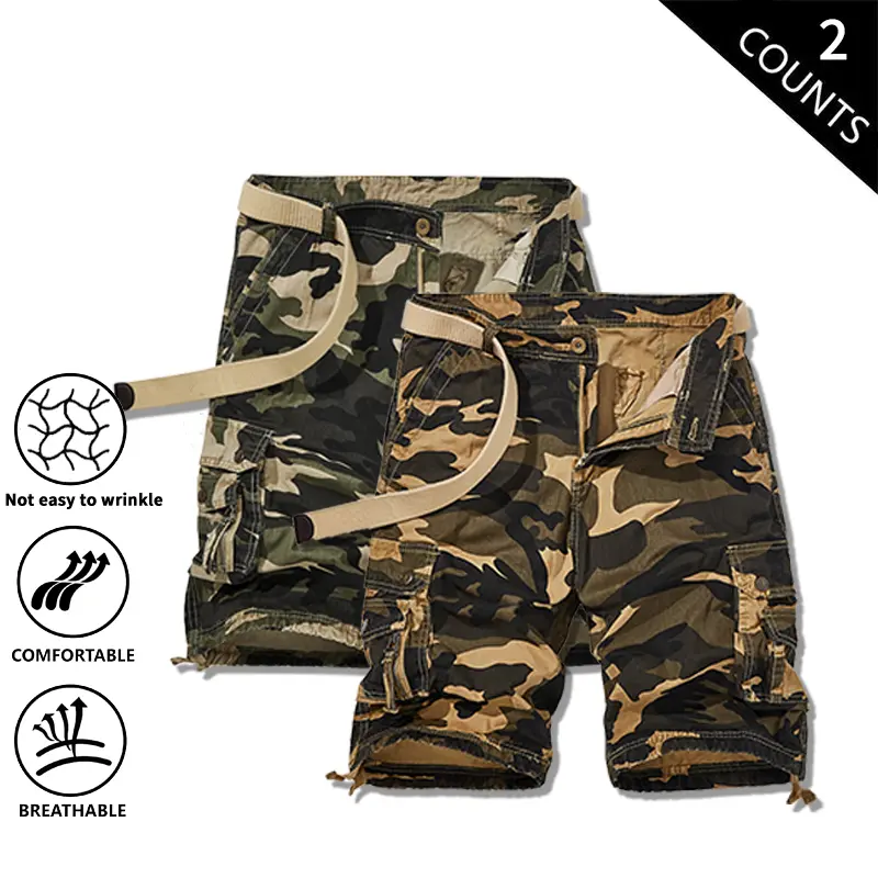 2-Pack Men’s Camouflage Cargo Shorts – Summer Loose Knee-Length Shorts with Multiple Pockets, Wrinkle-Resistant, Breathable Casual Shorts