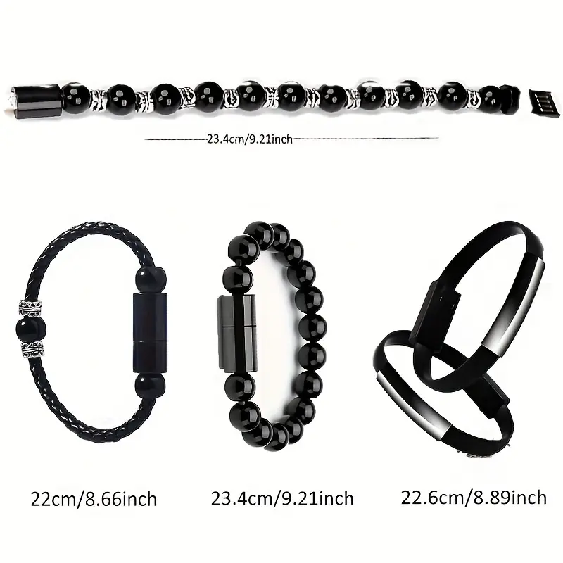 1pc Beads USB Typec Wristband Charging Bracelet Cable Usb Cable USB Charger Data Sync Cable Bracelet for Phone Mobile Phone Black Leather Usb Cord