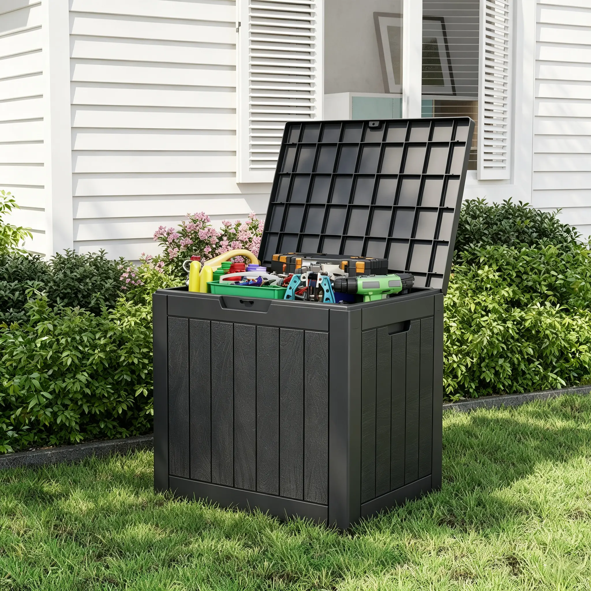 RIWENGO 35 Gal Outdoor Storage Bench, Waterproof Resin Deck Box with Lockable Lid, Multi-Functional Patio Side Table for Garden Tools & Pool Accessories