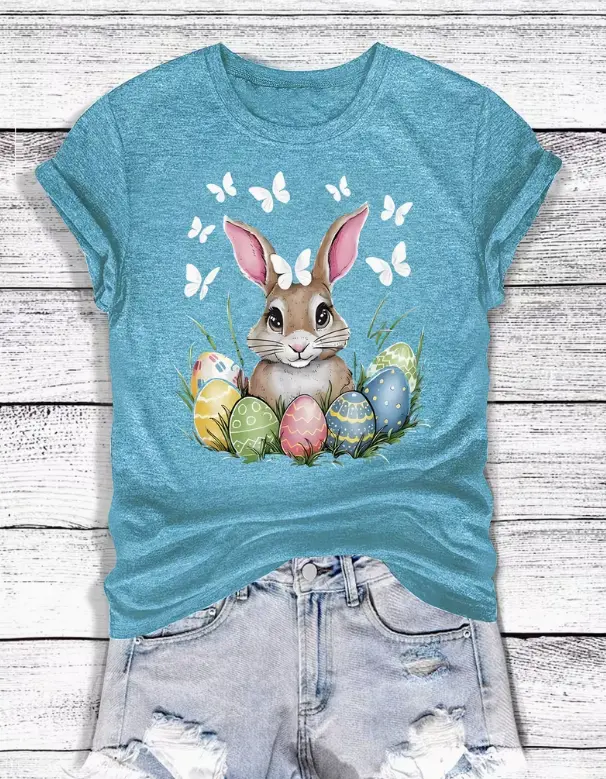 Watercolor Easter Bunny Eggs Butterfly Print Teal Heather Crew Neck Casual Short Sleeve Spring Easter Graphic T-Shirt