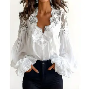 2026 Summer Lace Patchwork Chiffon Blouse for Women with Puff Sleeves and Ruched Front, Elegant Commuting Shirt in ItGirl Style, OOTD Summer Outfit