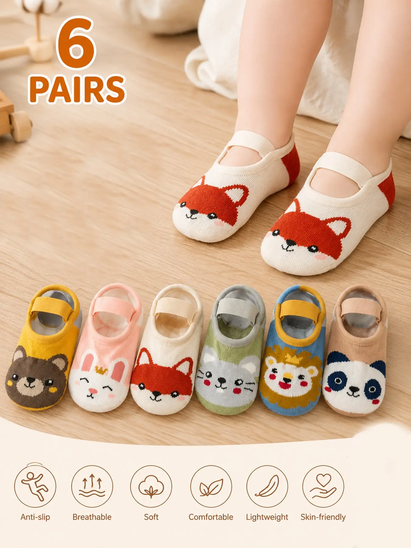 6 Pairs Kids Socks, Baby Toddler Non-Slip Indoor Floor Socks, Toddler Socks With Grips, Toddler Grip Socks, Cartoon Animal Design, Unisex Children Anti-Skid Socks for Boys & Girls, Fun Animal Patterns, Socks Set