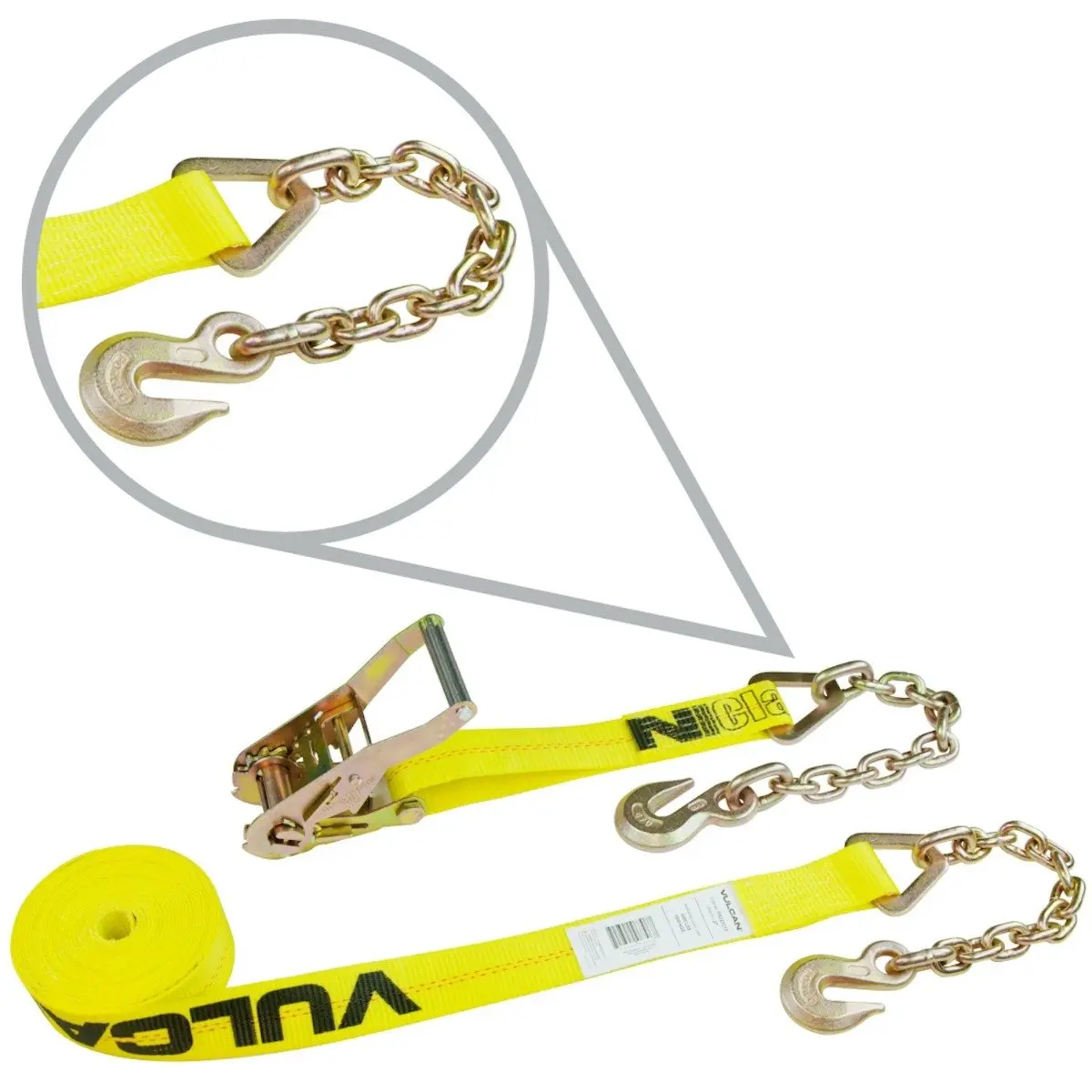 VULCAN Ratchet Strap with Chain Anchors - Classic Yellow - 2 In x 27 Ft - Case of 3 - 3,600 lb Safe Working Load Truck Car Accessory Vehicle