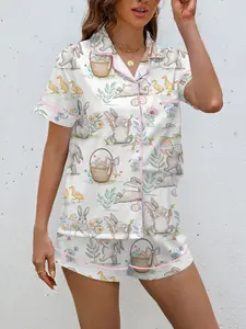 Easter Bunny Egg Basket Print Women's Pajama Set, Pjs, Loungewear, Short Sleeve Button Front Soft Top and Loose Elastic Shorts, Casual Home Wear, Nightwear