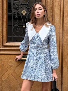 French Vintage Contrast Collar Blue White Floral Waist-Cinched Spring Autumn Dress Sweet Edgy Preppy Contrast Collar Blue White Floral Puff Sleeve Spring Autumn Dress Clean Girl Aesthetic Fresh Contrast Collar Blue White Floral Waist-Cinched Spring Autumn