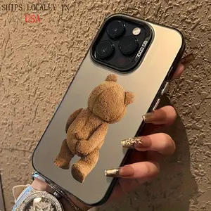 Background Teddy Bear Laser Black Anti-Drop Protective Mobile Phone Case, Suitable for Apple Iphone 16/15/14/13/12/11/Pro/Plus/Pro Max Protective Case Protection Wireless