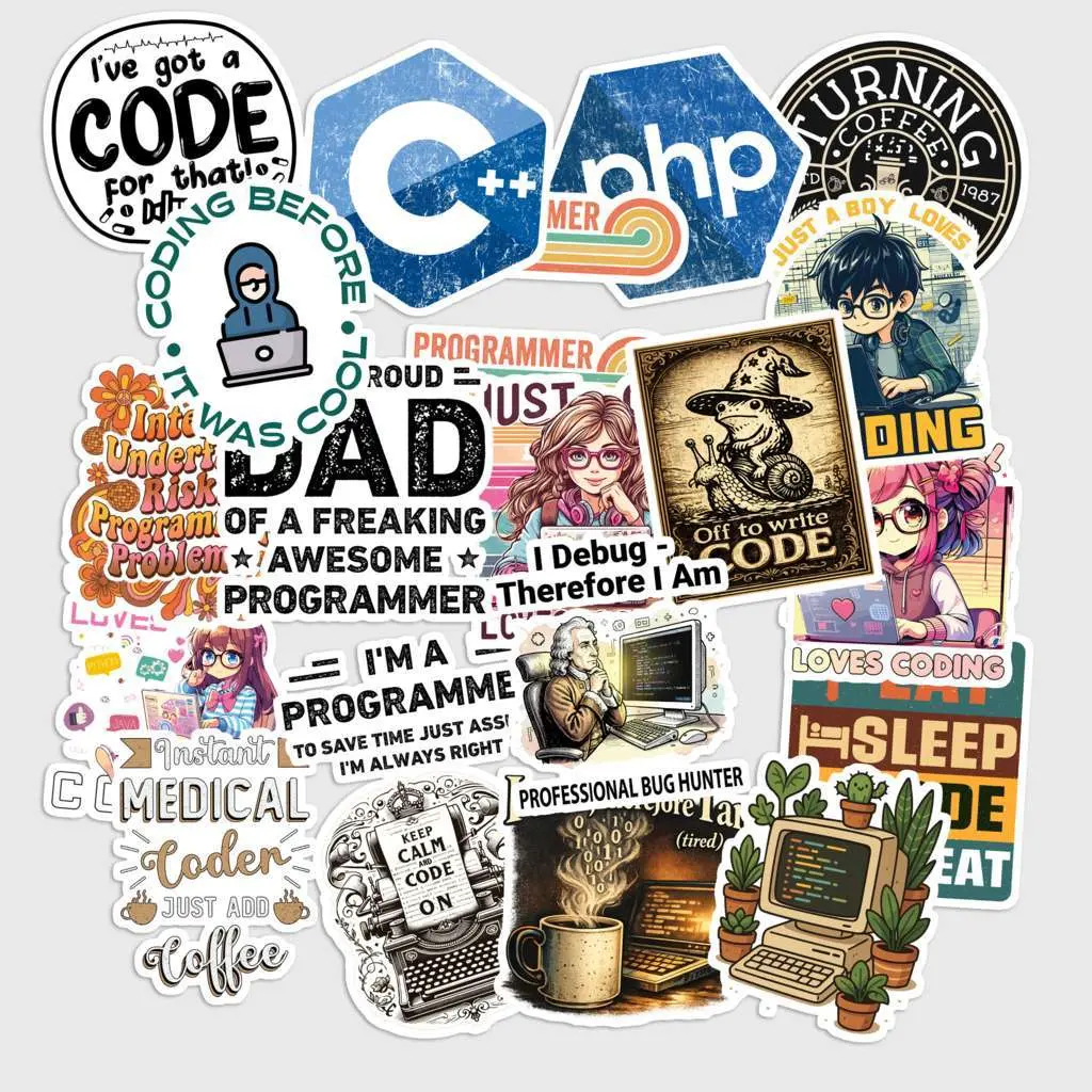 Sticker Pack 20 Coding Vintage Sticker, Retro Programmer Decal, Aesthetic Tech Vinyl Sticker for Laptop, Keyboard, PC