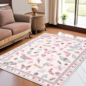 Butterfly Print Carpet Floral Insect Rug Anti-fouling Non-slip Soft Foldable Thin Carpet for Bedroom Living Room Game Room Apartment