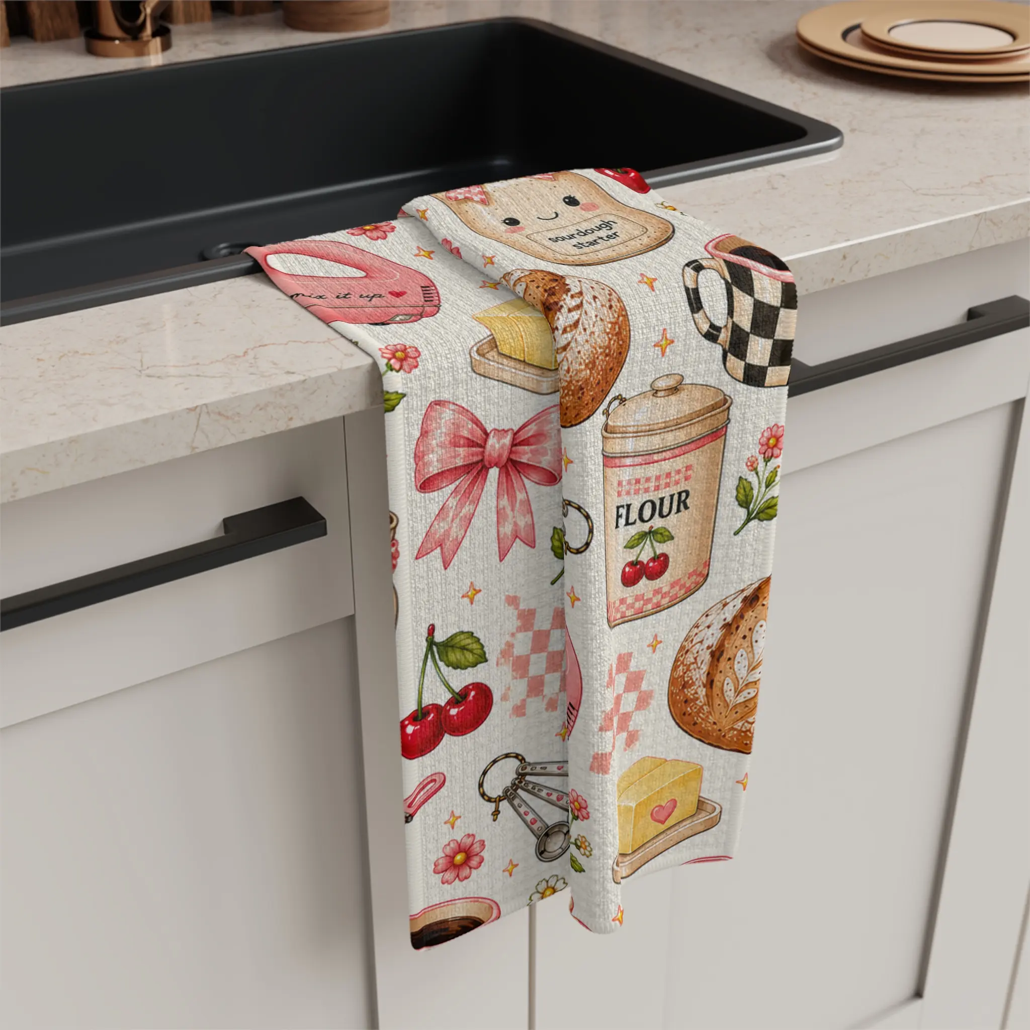 Sourdough Kitchen Towel, Pink Baker Tea Towel, Bread Baking Gift, Retro Coquette Kitchen Decor, Sourdough Lover Gift