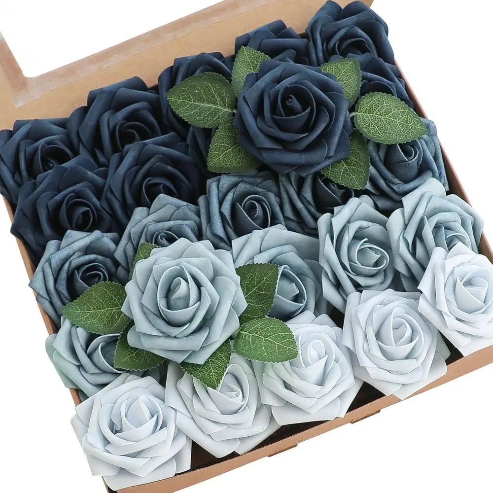 58-Piece Realistic Dusty Blue Foam Faux Plastic Flowers Set (50 Roses + 8 Leaves), Plastic-Like Floral Supplies for Wedding Bouquets, Home Decor