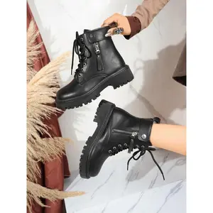 Women's Fashion Mid-Calf Boots, Side Zipper Design, Lace-Up Tactical Combat Boots for Walking & Work, Stylish Platform Short Boots