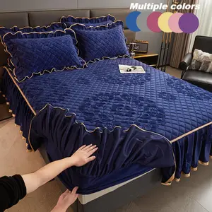 Elegant Floral Pattern Milk Velvet Bedskirt Set, Decorative Bedding Set, Includes One Bedskirt and Two Pillowcases, Non-Slip Mattress Protector, Warm Soft